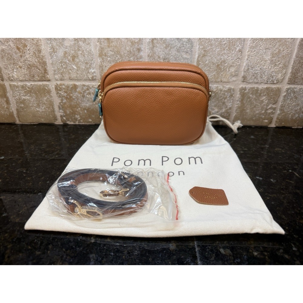 NEW Pom Pom London TAN Mayfair Original Leather Crossbody Dust Bag Skinny Strap